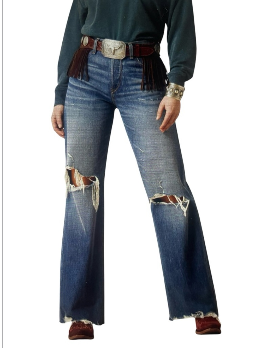 ARIAT Tomboy Wide Leg Ultra High Rise Distressed Raw Hem Medium Wash Jeans 27